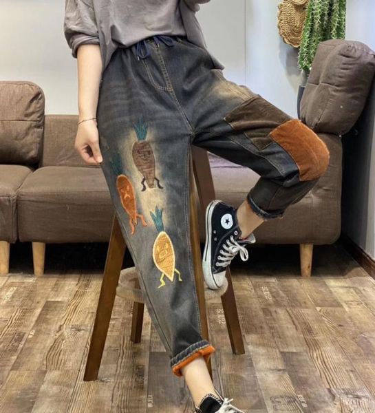 

high waist jeans woman plus size casual vintage 2020 autumn winter cotton denim harem pants streetwear embroidery, Blue