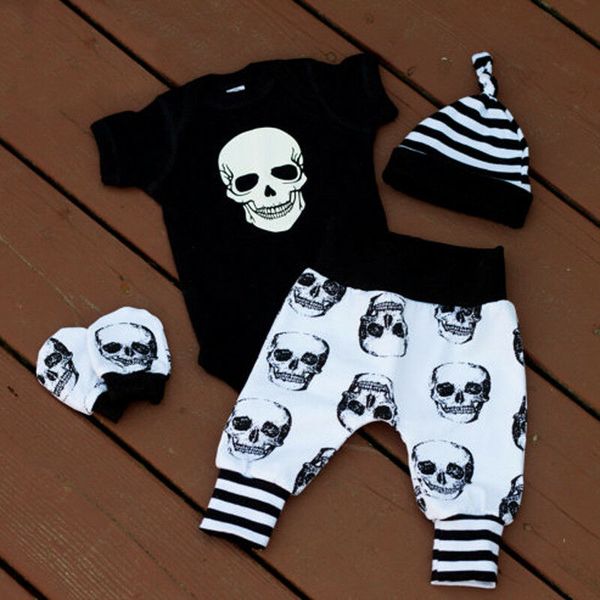 

newborn baby boy skull outfits clothes long pants hat 4pcs set, White