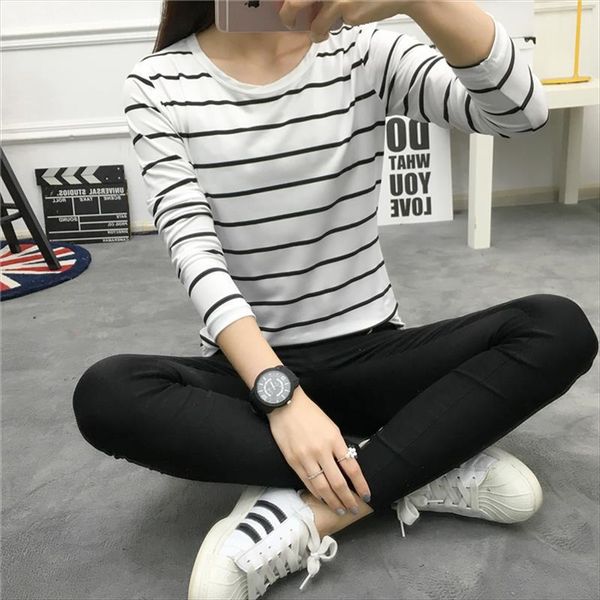 

2019 striped long t-shirt pullover sleeve pullover slim student casual clothes women's t-shirt female, White