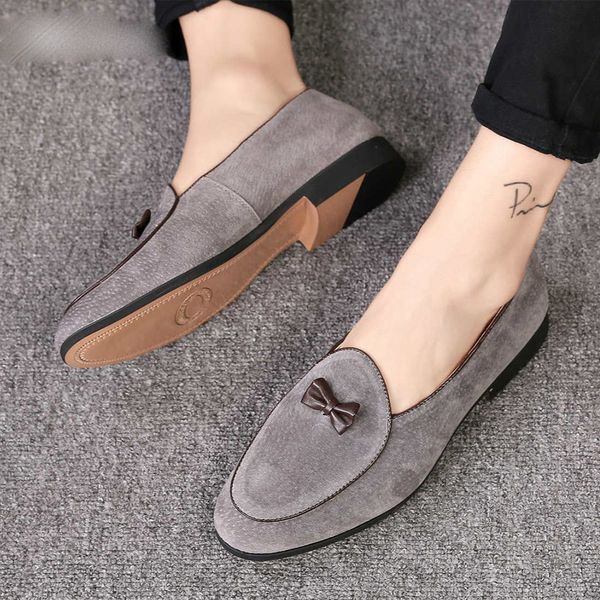 

men fashion suede leather doug shoes casual moccasin flat bowknot slip-on driver shoes dress loafers night club shoes, Black