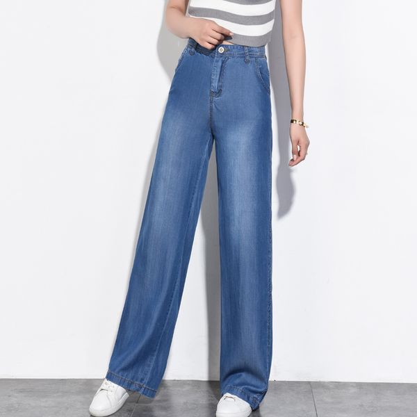 

women fashion 2018 new women wide leg jeans pants high waist casual jeans pants korean jean slim femme, Blue
