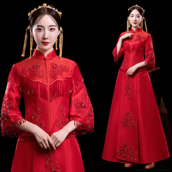 

elegant slim chinese bride dress red ancient women marriage cheongsam suit vintage embroidery qipao stage performance clothes