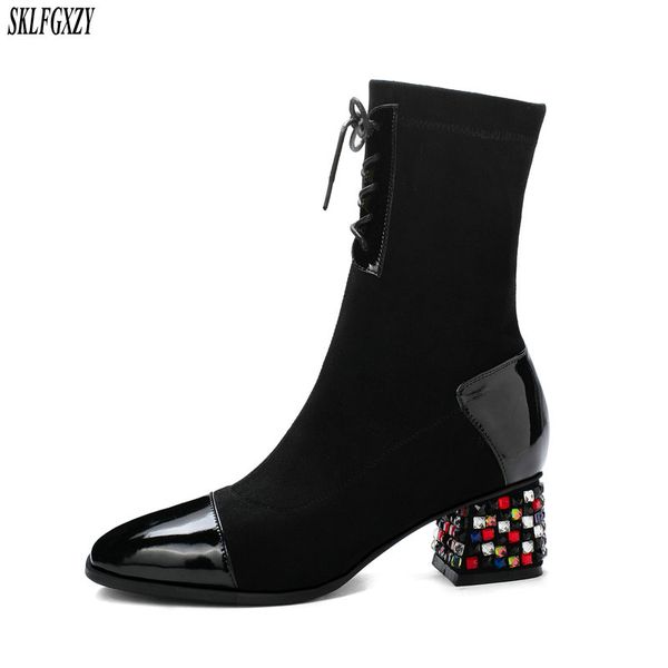 

fashion ankle elastic sock boots chunky high heels stretch women autumn booties pointed toe women pump size34-43, Black