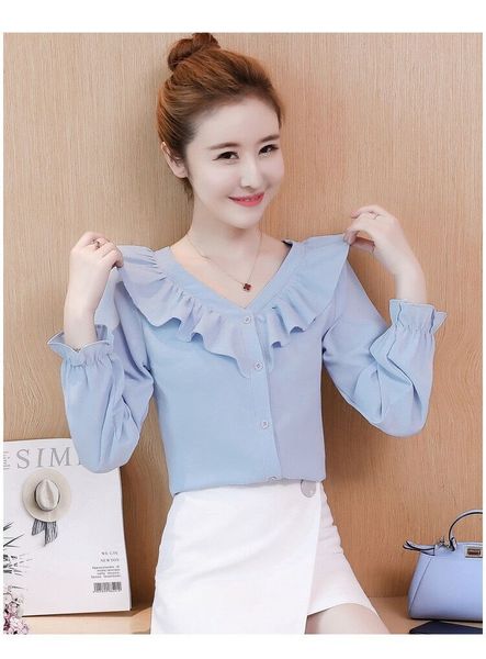 

2020 spring new long-sleeved lotus leaf edge loose shirt women, White