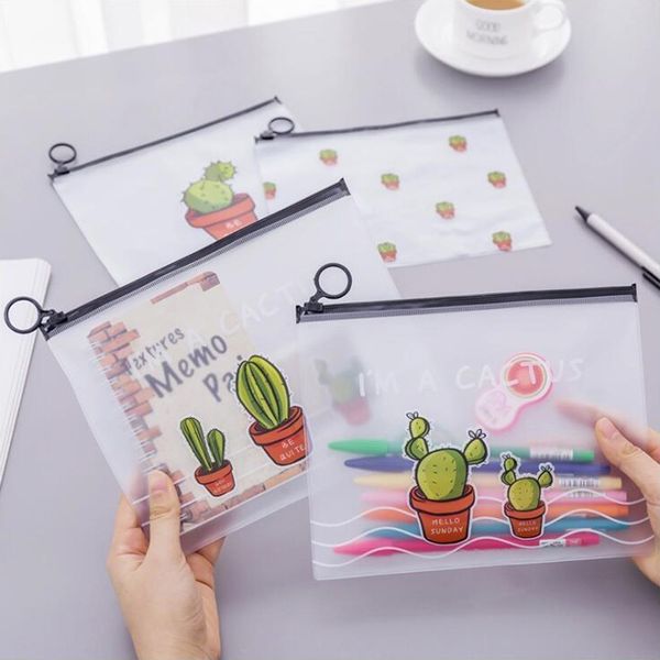 

1pcs japnese pencil case scrub cactus ring flat pull bag translucent pencil bag office stationery and school supplies