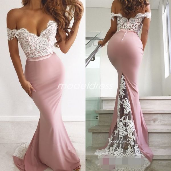 

off shoulder bridesmaid dresses backless sweep train appliques illusion bodice garden country arabric wedding guest dress maid of honor gown, White;pink