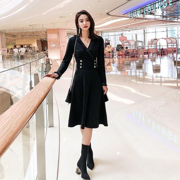 

autumn winter elegant v-neck long dress vintage women long sleeve a-line buttons black party dress casual office vestidos, Black;gray