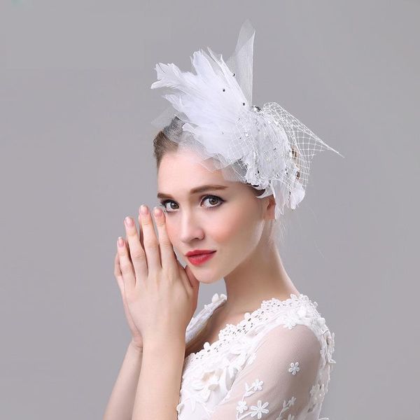 

2020 new white feather elegant women bridal headwear fashion wedding hats hair accessories vintage bride hat chapeau mariage qotex