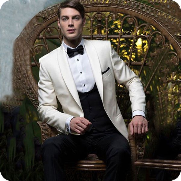 

custom made ivory wedding groom tuxedo men suits for marriage shawl lapel man blazer black vest 3piece latest coat pant design costume homme, Black;gray