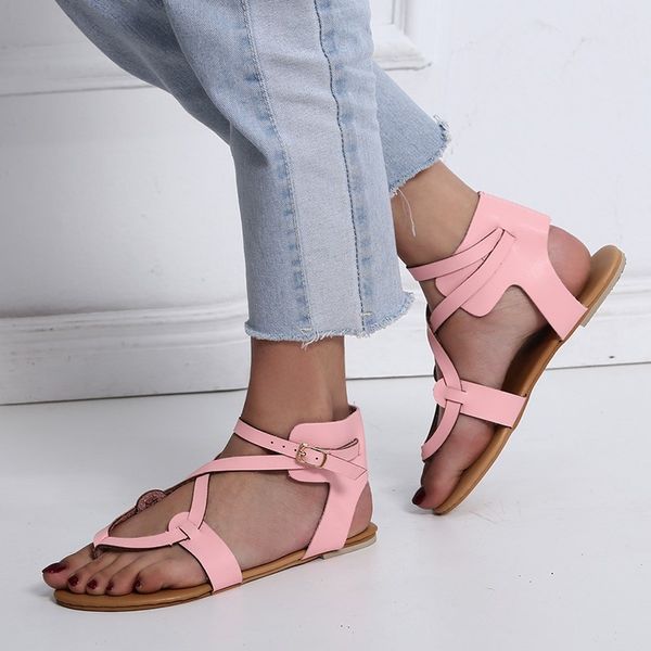 

elegant summer gladiator sandals women solid leisure rome flat sandals plus size beach ladies shoes, Black