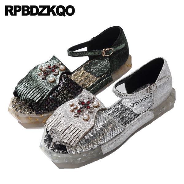 

silver tassel fringe sequin peep toe ankle strap italian rhinestone sandals green diamond pearl designer shoes women luxury 2019, Black
