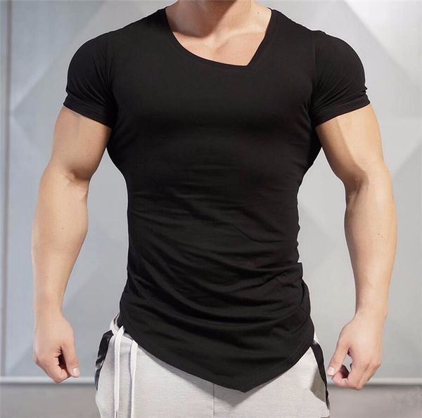 

men's cotton short sleeve irregular t-shirt summer breathable casual fitness clothes slim v-neck sports t-shirt wholesale, White;black