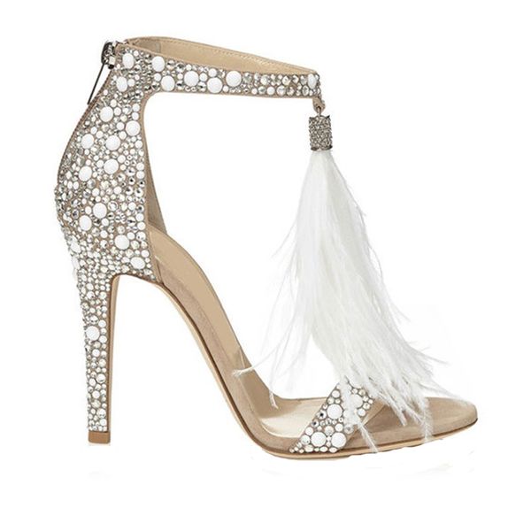 

model sandals high heel women mature rhinestone feather party dress shoes, Black