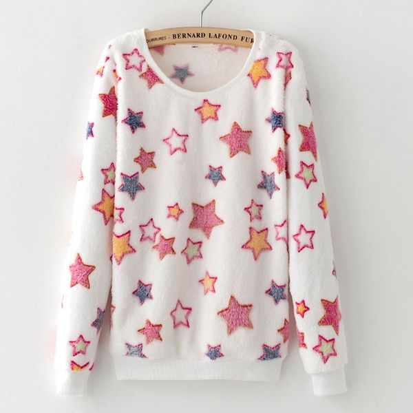 

flannel fluffy sweatshirt women autumn winter warm kawaii star print plush casual loose long sleeve sweatshirt pullovers moletom, Black