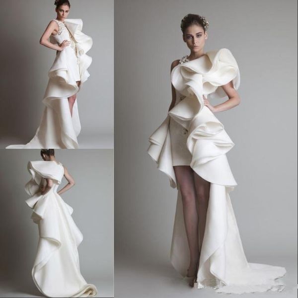 

prom dresses one shoulder evening dress appliques ruffles sheath hi-lo organza pageant dress white ivory krikor jabotian tiered bridal gowns, Black;red