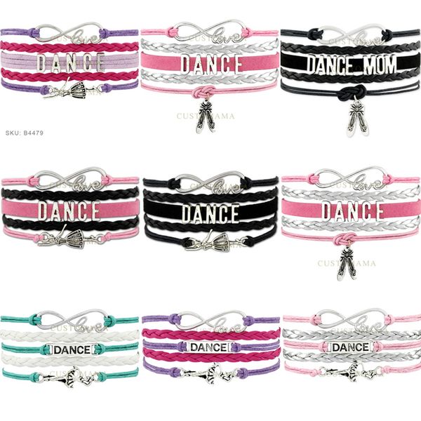 

10 pcs/lot) infinity love dance wrap bracelet gift for dancer dancing bracelet black leather suede custom any themes, Golden;silver