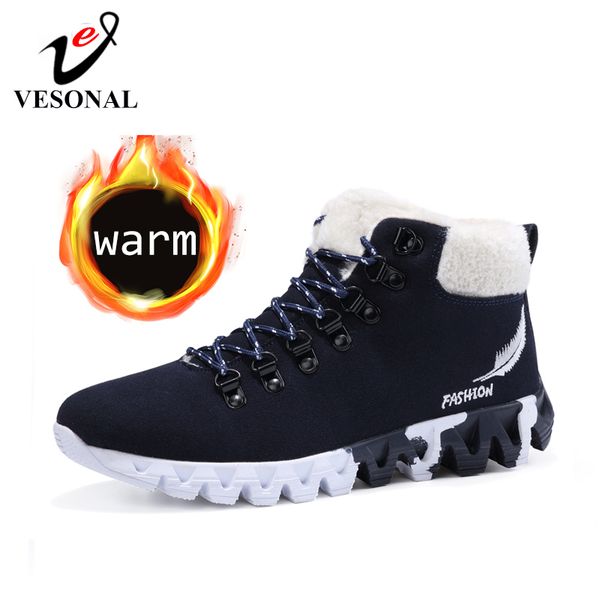 

vesonal 2019 winter suede leather ankle snow men boots shoes women waterproof with fur plush warm male casual boot sneakers, Black