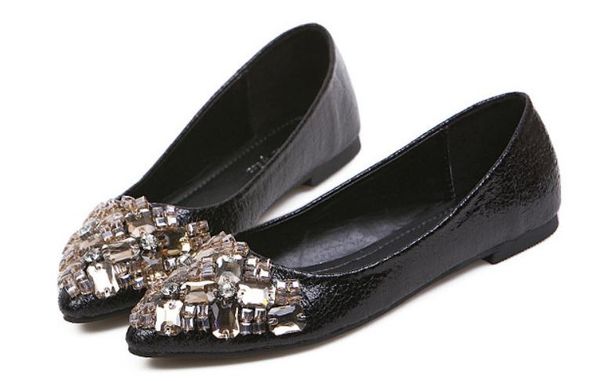 

2019 women's shoes in spring and autumn with new style flat bottom pointed end water drill sequined cloth@w21, Black