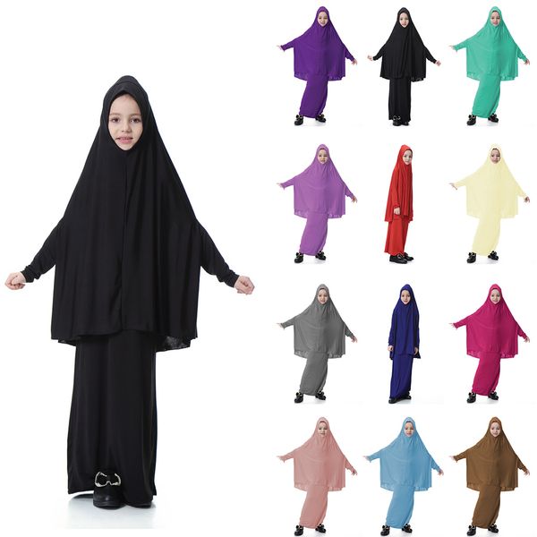 

muslim girl maxi dress hijab sets children abaya long robe caps skirts suits jilbab islamic prayer clothing headscarf ramadan, Red