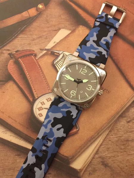 

automatic aviation commando grey dial bellross mechanical date 42mm mens watches watch blue rubber strap stainless steel case wristwatches, Slivery;brown