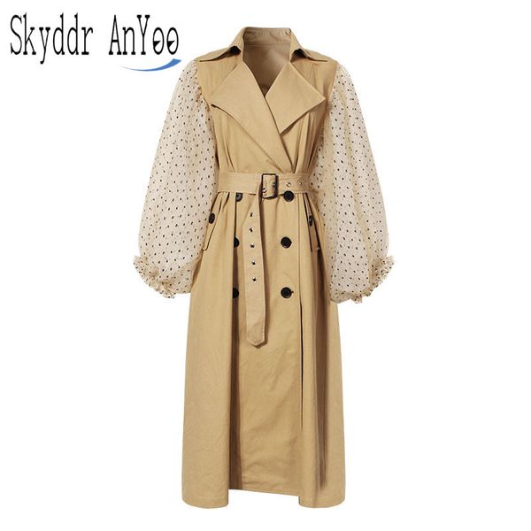 

fashion fall 2019 trench coat women polka dot mesh half puff sleeve woman clothes casual outwear overcoat long coat ropa mujer, Tan;black