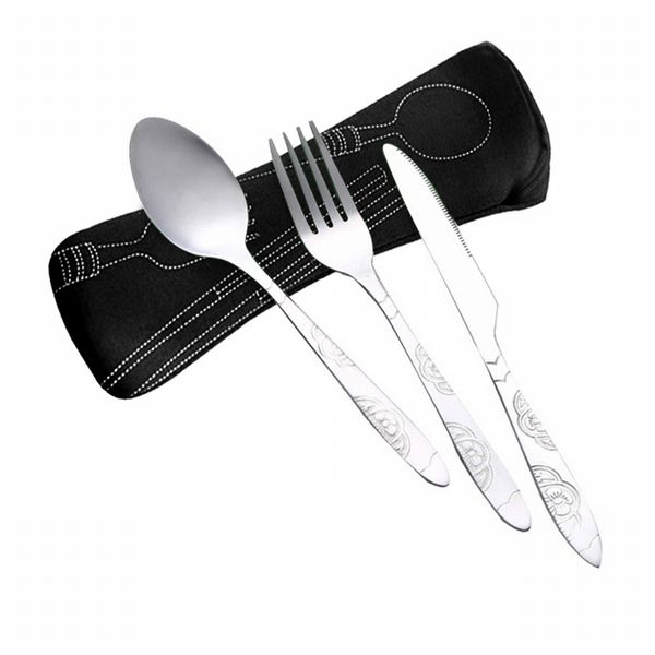 

hoomall 3pcs/set stainless steel cutlery set flower painting fork dinner tableware set portable tableware case kit for camping