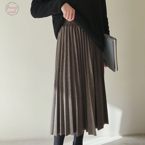 

winter blend long pleated a line skirts autumn high waisted japan style warm mid calf long skirts khaki gray, Black