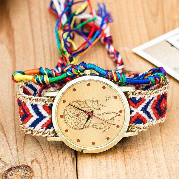 

handmade braided dream catcher bracelet watch national style hand woven ladies rope watch multi-color band fashion watches, Slivery;brown