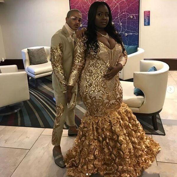 

Gold Black Girls Plus Size Prom Dresses 2019 v Neck Sequin Applique Long Sleeves Rose Floral Skirt Special Occasion Gowns