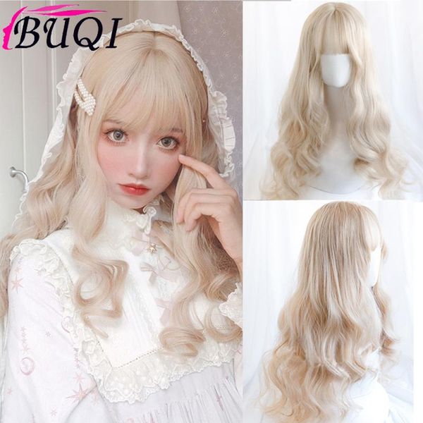 

synthetic wigs buqi long bangs ombre light blonde curly wavy hair for women cosplay lolita party festival halloween anime, Black