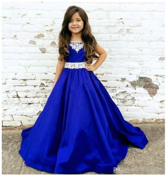 

2020 royal blue long flower girls first communion dress modern girls pageant dresses jewel neck toddler infant crystal ribbon satin, White;red