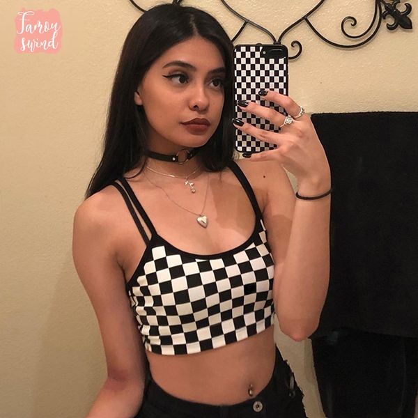 

sexy клетчатый обрезанные top 2019 summer streetwear рукавов checkerboard танк топы camis рубашка ремешками плед тройники streetwear, White