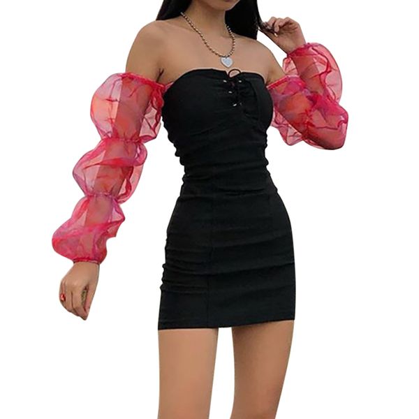 

puff sleeve ruffle mesh black dress women off shoulder ruched mini bodycon dress elegant backless short party club dresses, Black;gray