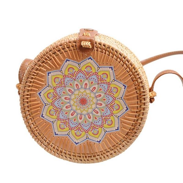 

women's fashion beautiful flower pattern print messenger bag handmade rattan woven round messenger bag skiing pants