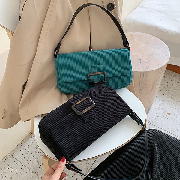 

retro baguette shoulder bag women designer simple pu solid button hasp belt small tote handbag corduroy female simple casual