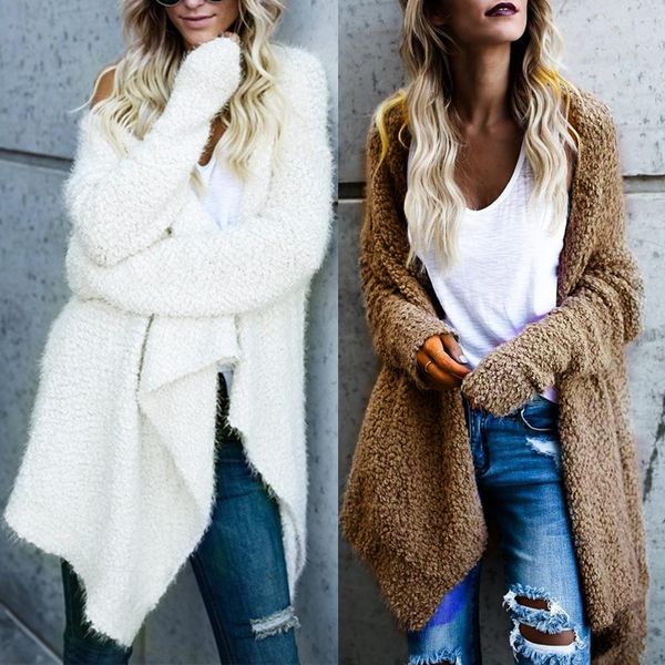 

simple women autumn solid color irregular hem plushy reversible cardigan coat irregular hem plushy reversible cardigan coat, White