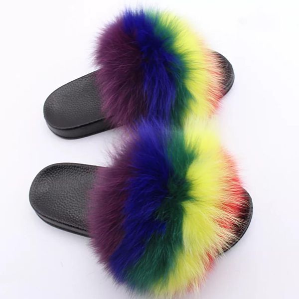 

candy color summer women real natural feather turkey fur fuzzy slippers slides mules women open toe flat shoes, Black