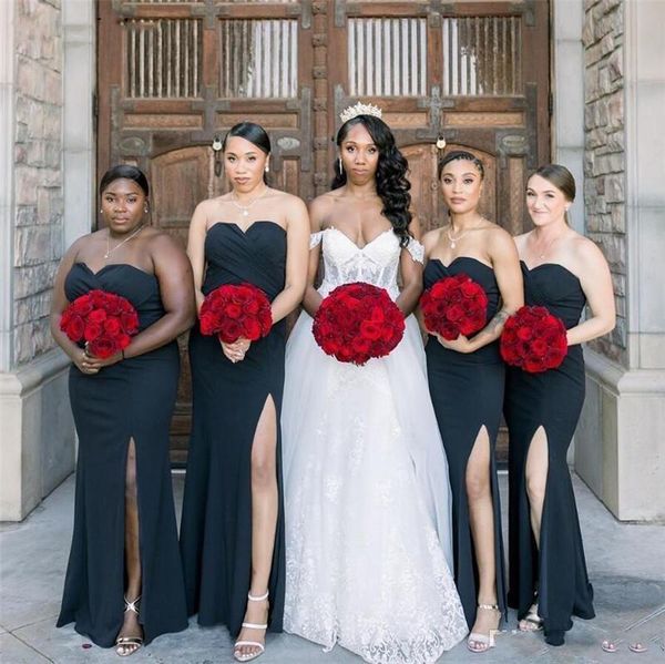 

black mermaid bridesmaid dresses plus size african long wedding guest prom dress sweetheart high split satin maid of honor gown, White;pink