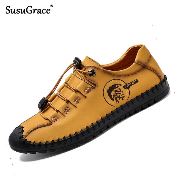 

susugrace classic men casual shoes lace-up loafers boat shoes handmade comfortable quality flats moccasins plus size 38-46, Black