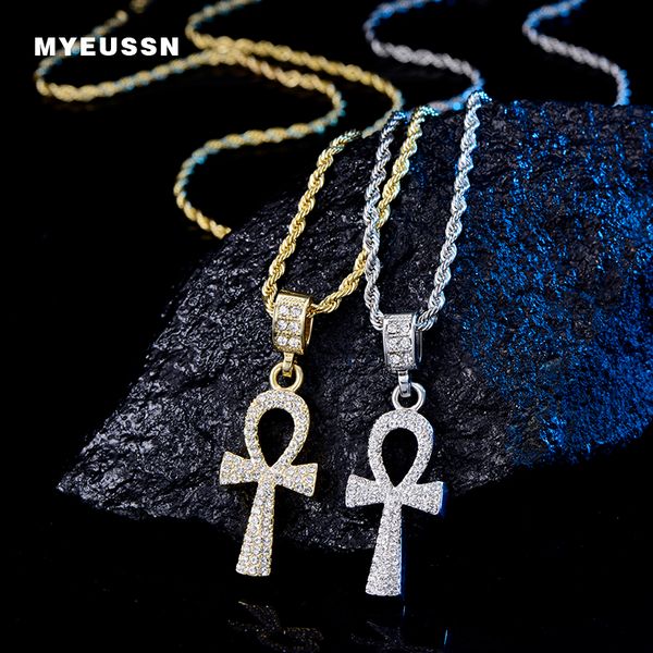 

egypt ankh necklace charms men cross pendant rope chain the key of life bling bling iced out rhinestone necklace hip hop jewelry, Silver