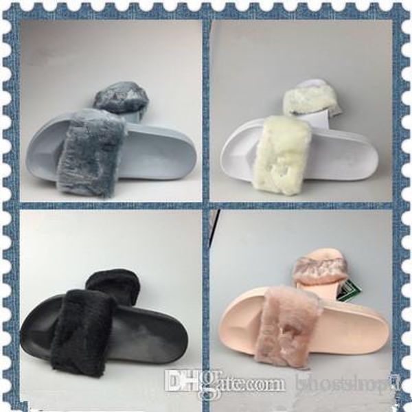 

new rihanna leadcat fenty color slipper faux fur burgundy slide slippers ladies indoor purple pink sandals, Black