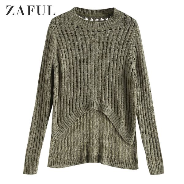 

zaful high low crew neck slit pullover sweater full sleeves open knit hazel green sweater autumn winter women outdoor daily 2019, White;black