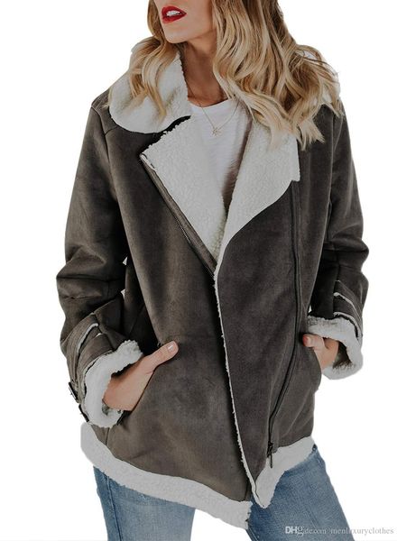 

new motorbike women suede leather designer jacket plus size pockets pilot coats turndown collar lamb warm coat, Black;brown