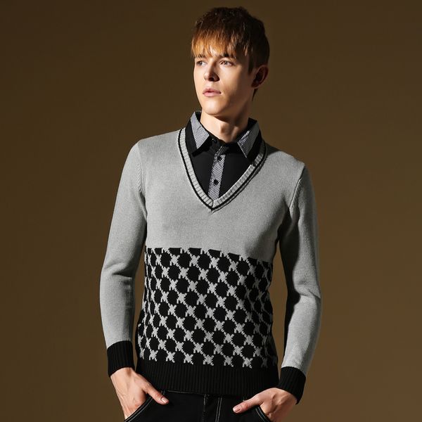 

new autumn knitted man sweater fashion men casual cotton mens sweaters fake shirt collar keep warm slim fit knitting pullovers, White;black