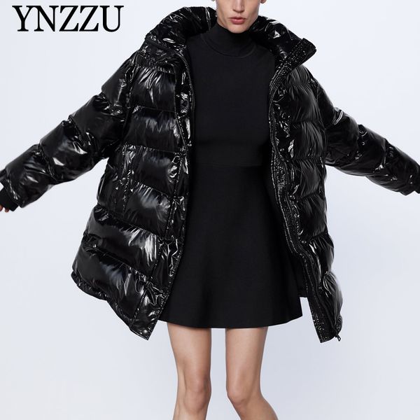 

women black gloss warm jacket winnter high collar oversized female parkas long sleeve thick coat casual fashion new ynzzu 9o146