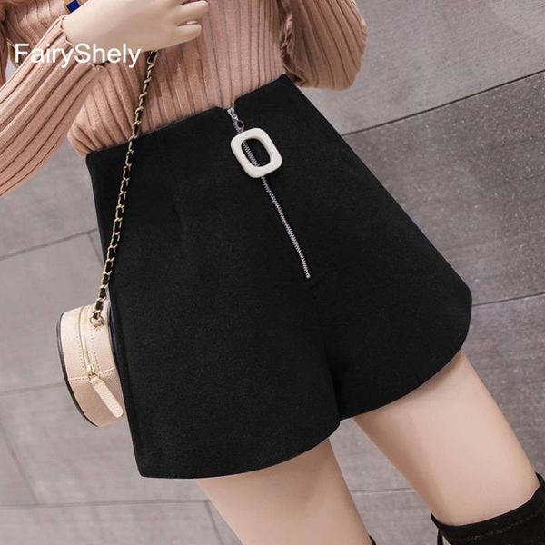 

fairyshely 2020 autumn winter black high waist shorts women vintage warm wide leg wool shorts ladies casual plus size 2xl, White;black