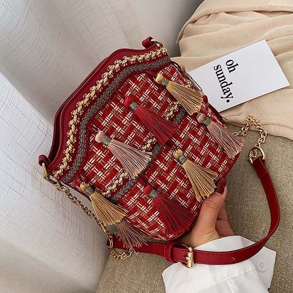 

national knitting fringe tassel bags womens fashion luxury chain bag cross body bags single shoulder small bucket handbags