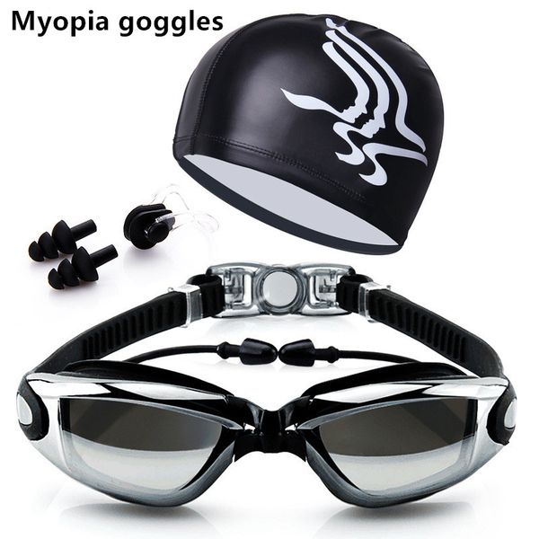 

myopia swim goggles with hat and ear plug nose clip suit waterproof swim glasses anti-fog professional sport eyewear suit