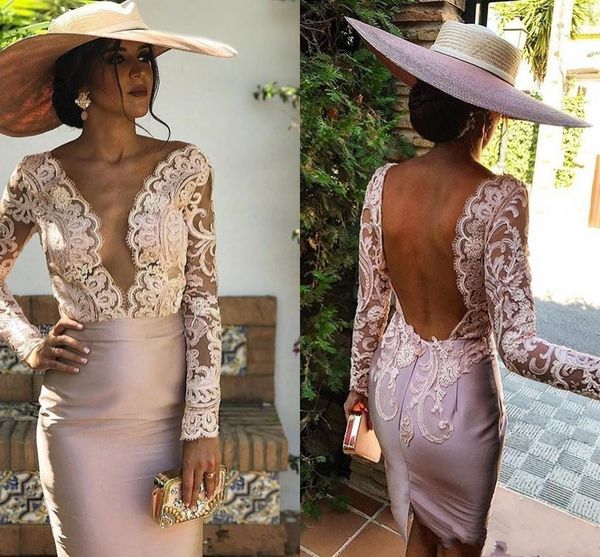 

pink satin sheath mother of the bride dresses deep v neck long sleeves short prom gown lace appliqued backless cocktail party dress al3190, Black;red