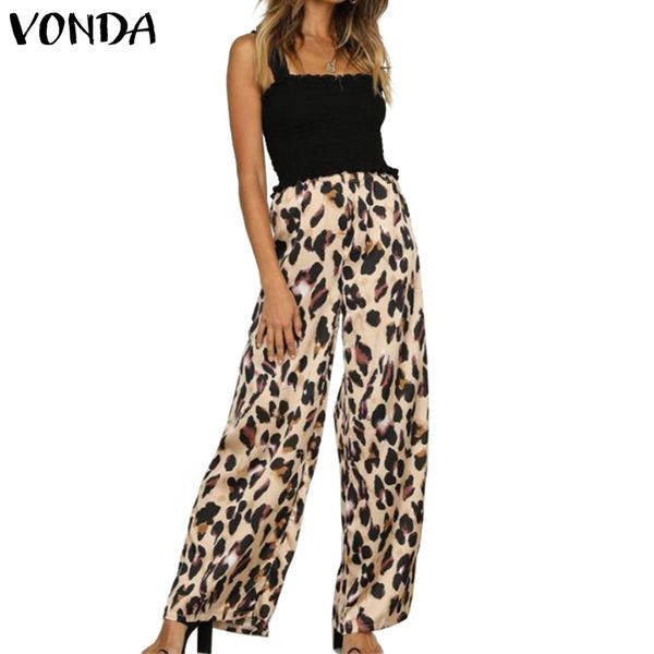 

leopard printed pants vonda women 2019 summer lady casual wide leg high waist loose pants autumn womens trouses plus size, Black;white